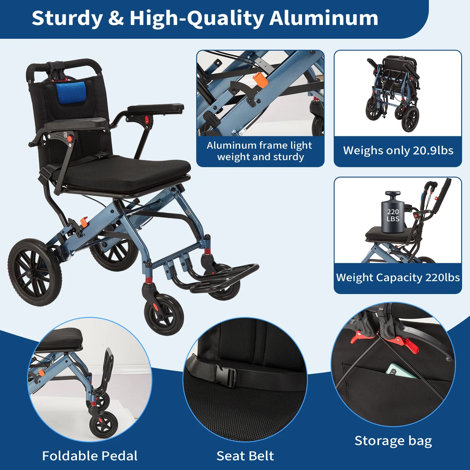 Garvee Ultra-Light Portable Folding Wheelchair, Travel-Friendly with Handbrake, 220 lbs Capacity, Ideal for Elderly & Children, 35.4"x21.3" Unfolded Dimensions