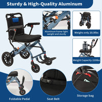 Garvee Ultra-Light Portable Folding Wheelchair, Travel-Friendly with Handbrake, 220 lbs Capacity, Ideal for Elderly & Children, 35.4"x21.3" Unfolded Dimensions