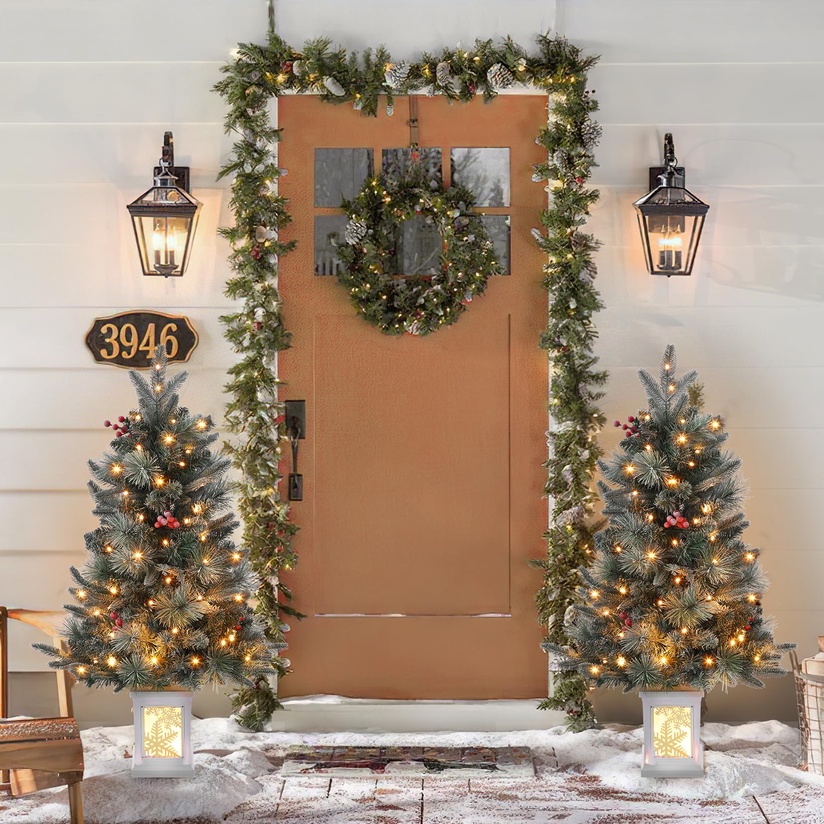 Garvee 3ft Prelit Artificial Christmas Tree with Snowflake Light Box Base, 78 Warm Lights & Red Berry for Front Door, Porch, Entryway, Fireside Christmas Decoration, Set of 2