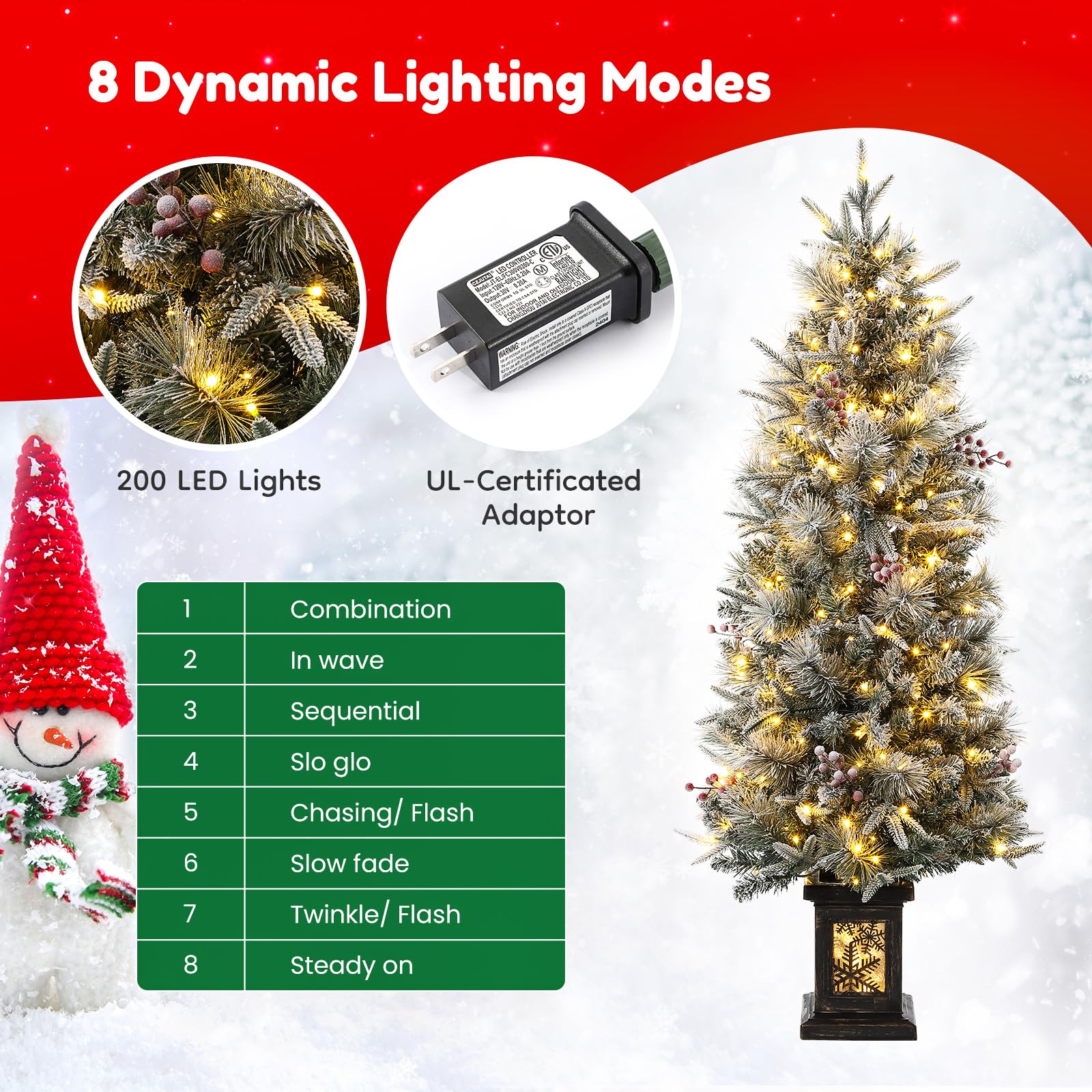 Garvee 4.5ft Christmas Tree Set of 2, Pre-Lit Artificial Christmas Tree with Snowflake Base, 200 LEDs & 8 Lighting Modes, Prelit Xmas Pine Tree Christmas Decoration for Yard, Office, Entrances