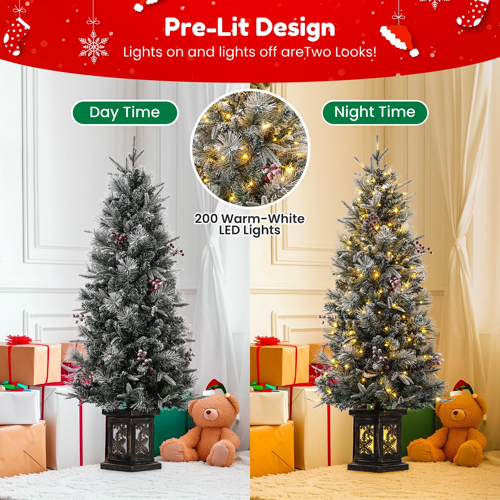 Garvee 4.5ft Christmas Tree Set of 2, Pre-Lit Artificial Christmas Tree with Snowflake Base, 200 LEDs & 8 Lighting Modes, Prelit Xmas Pine Tree Christmas Decoration for Yard, Office, Entrances
