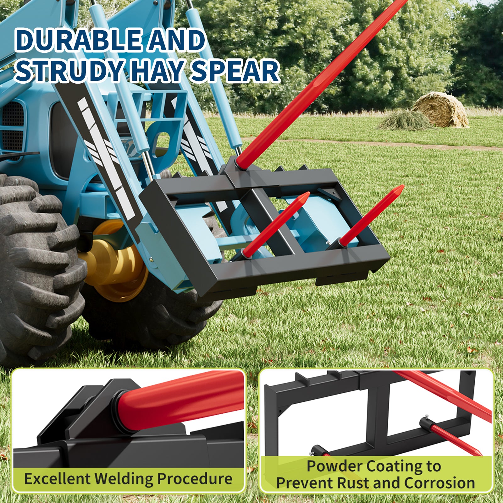 Garvee 3000lbs Quick Attach Bale Spear Attachment for Skid Steer & Tractor, 49" Hay Spear with 2x17" Stabilizer Spears, Heavy Duty Hay Frame