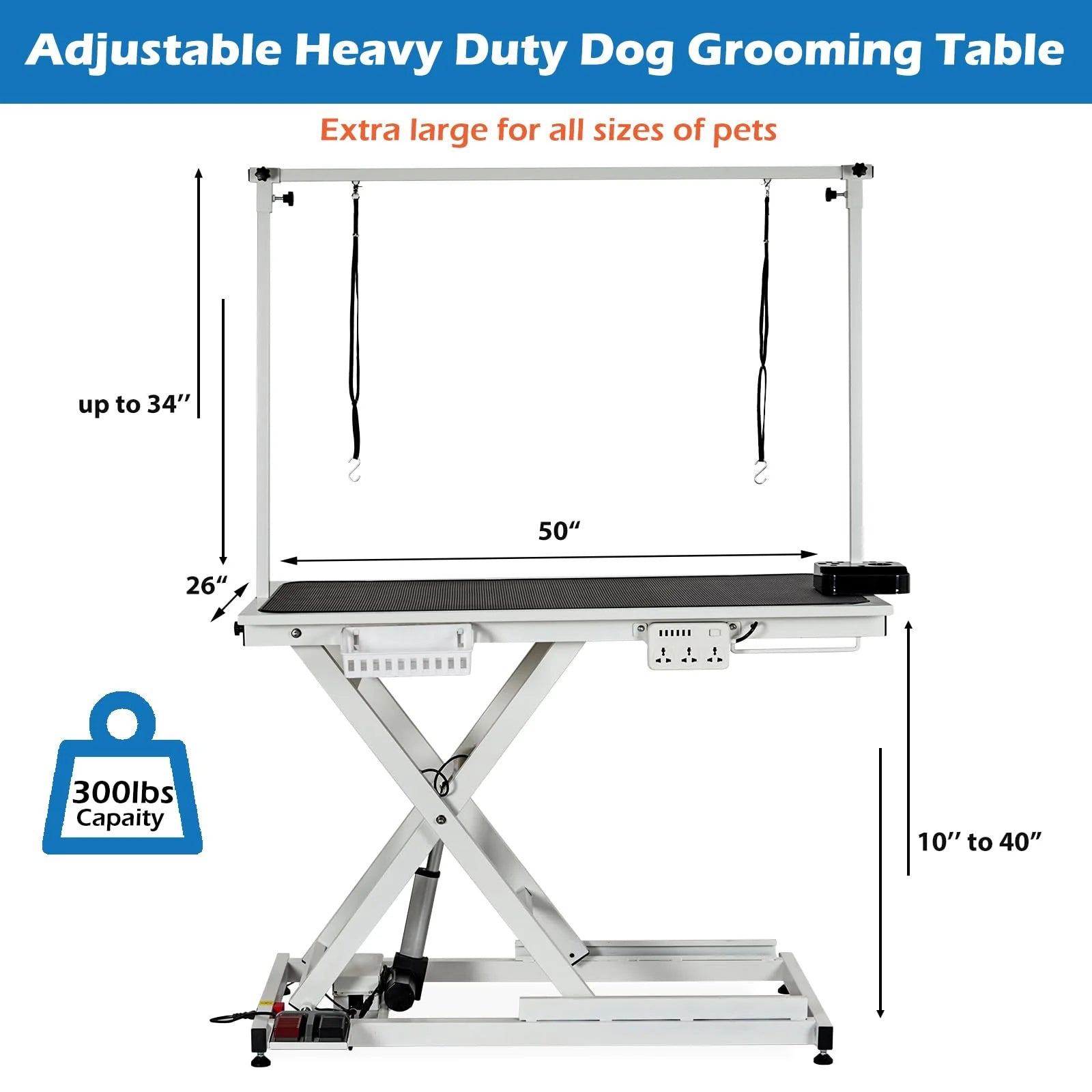 Garvee 50 Inch Electric Dog Grooming Table, Heavy Duty, Height Adjustable Pet Grooming Table with Socket w/Leveling Wheels, Grooming Arm, Anti Slip Tabletop & Tool Organizer, for All Pets