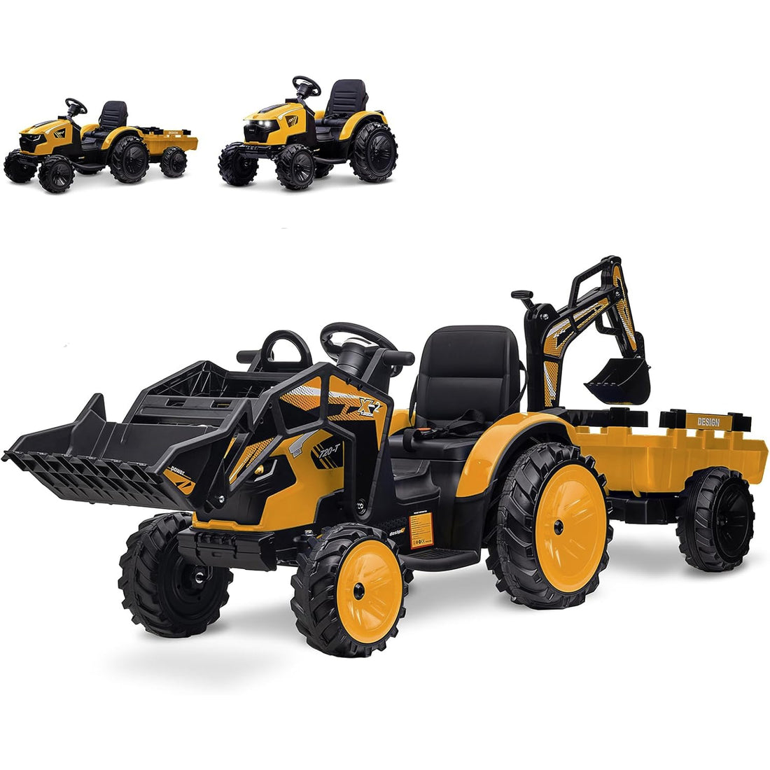 Garvee Ride P Series 3-in-1 Ride-On Tractor, 24V Electric, Excavator & Bulldozer, Remote Control, LED, Music, USB/Bluetooth max 66 lbs - Bright-Yellow