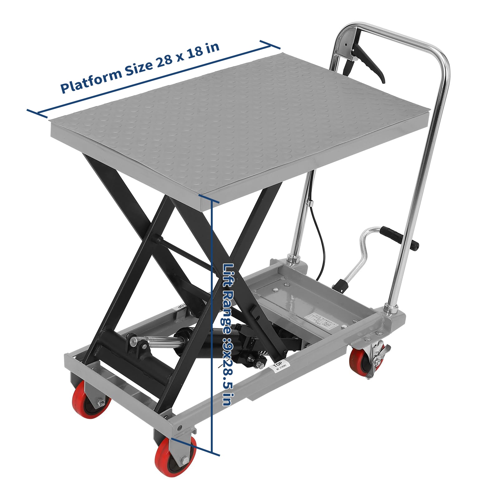Garvee Hydraulic Lift Table Cart 500 LBS Capacity, 28.5" Height, Manual Single Scissor, Steel Frame, Non-slip Pad, 4 PU Wheels, Workshop & Warehouse Use