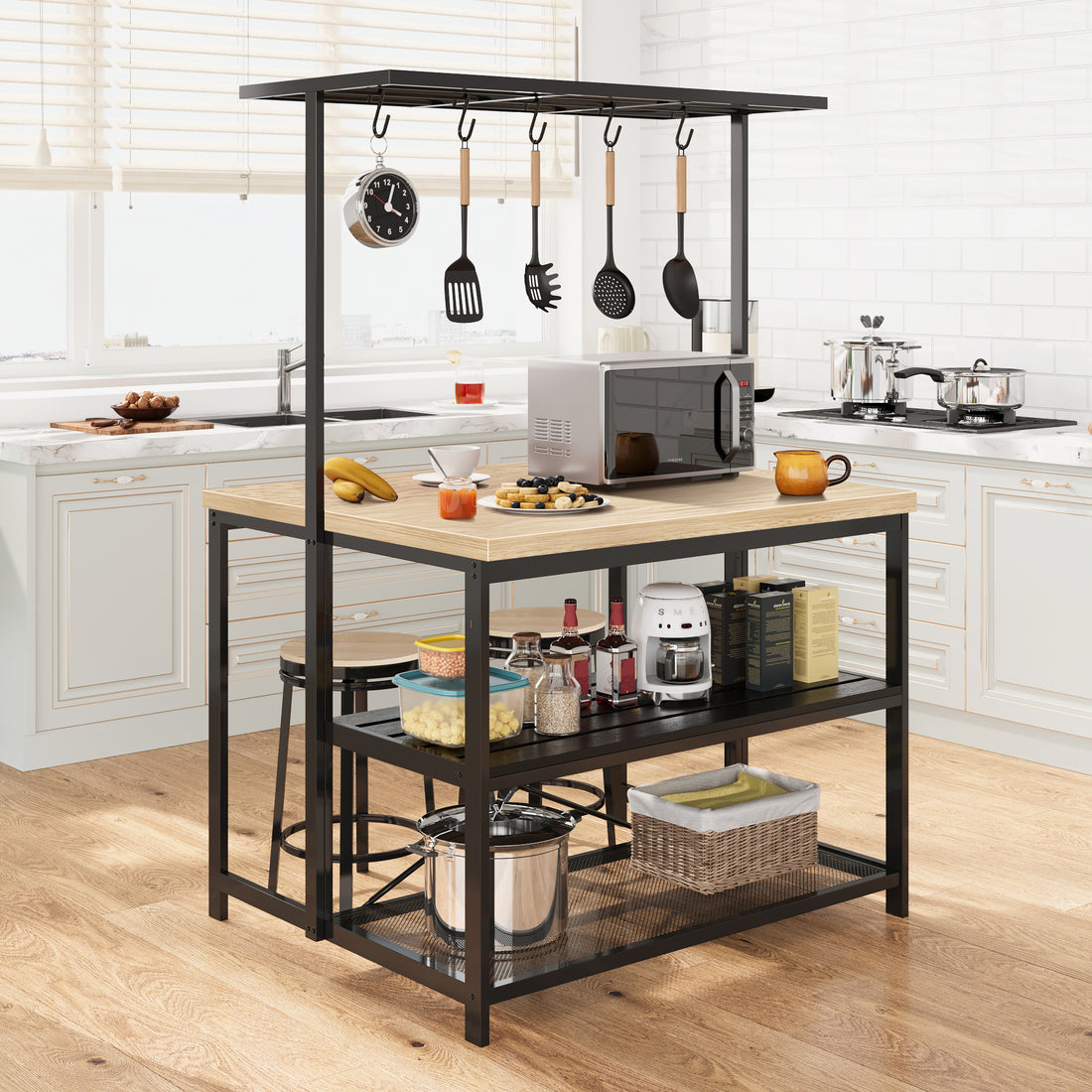 Garvee 42" Large Kitchen Island Bakers Rack Microwave Oven Stand Kitchen Shelf with 3 Tier Storage, Metal Coffee Bar Table,Kitchen Storage Shelf for Dining Living Room, 5 Hooks, 42"*28"*72"
