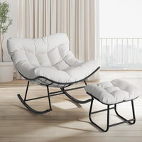 Garvee Papasan Rocking Chair with Footrest, Metal Patio Lounge Rocking Chair with Ottoman & Thick Cushion, Patio Comfy Modern Egg Rocker for Balcony Backyard Porch Bedroom, White