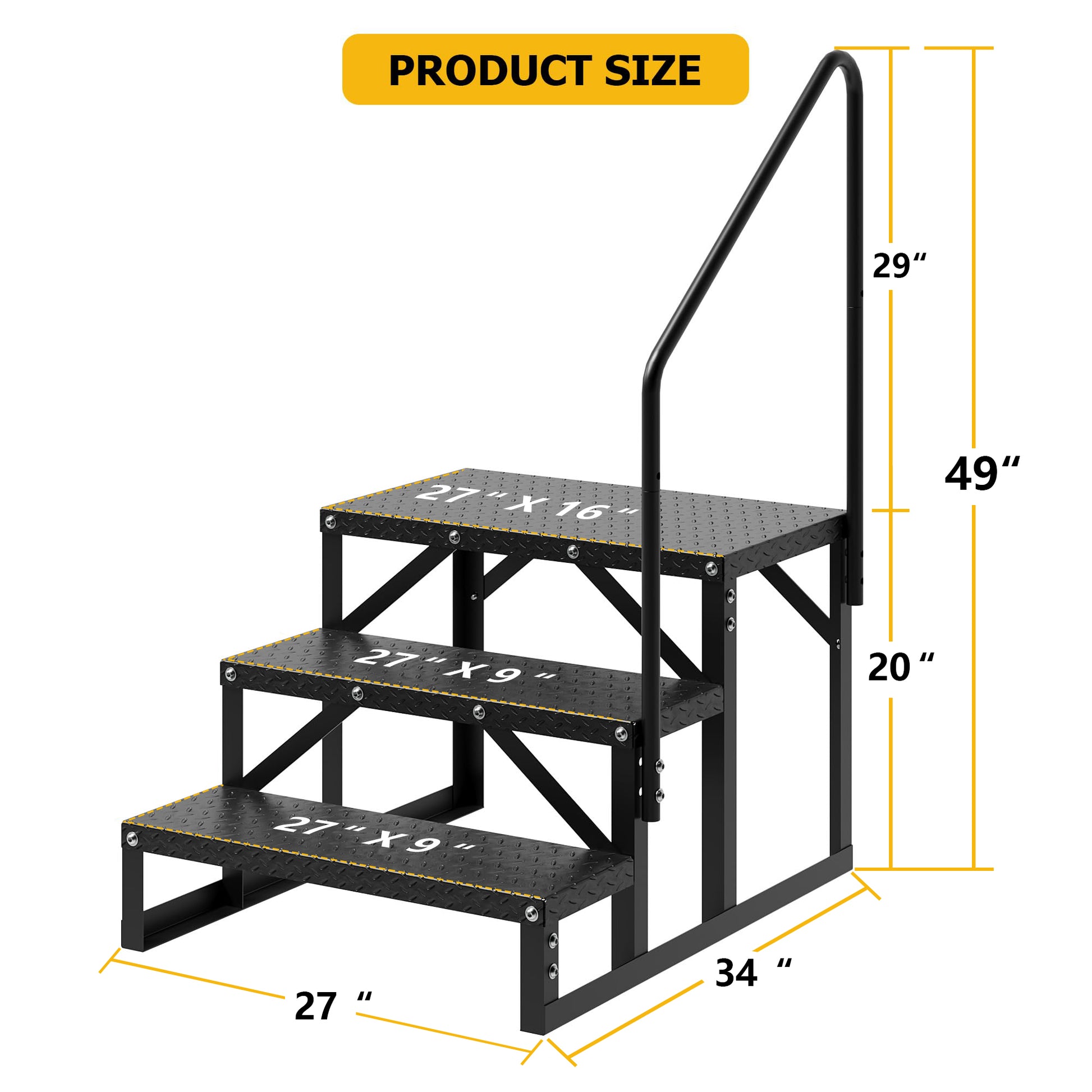 GARVEE 3-step RV stairs product size chart with 27 inch wide steps and 49 inch handrail height