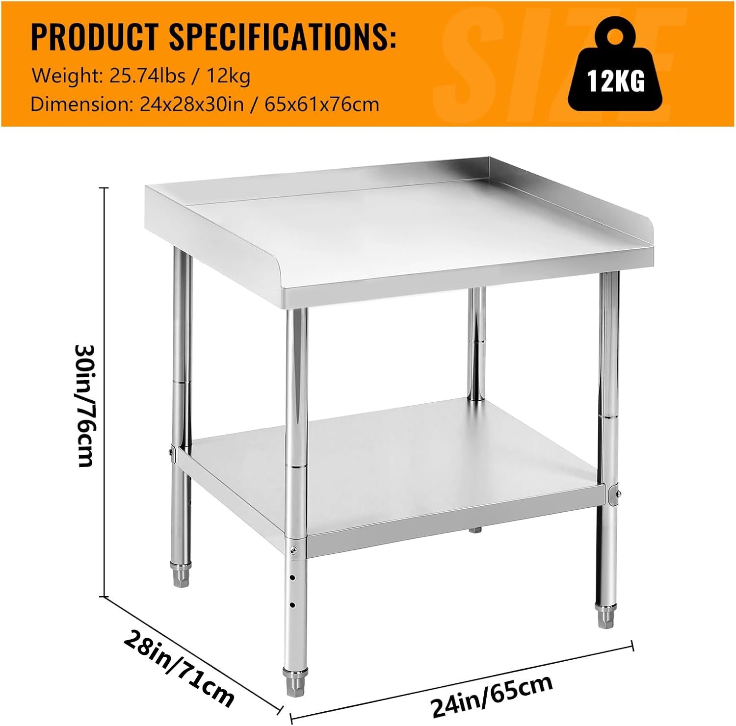 Garvee 28"L x 24"W x 30"H Stainless Steel Grill Stand Table Inch NSF Certified Adjustable Legs 400 Lbs Capacity 2" Edge Baffle Rounded Safety Edges Commercial Kitchen