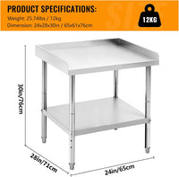 Garvee 28"L x 24"W x 30"H Stainless Steel Grill Stand Table Inch NSF Certified Adjustable Legs 400 Lbs Capacity 2" Edge Baffle Rounded Safety Edges Commercial Kitchen