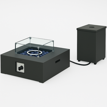 Garvee 2-Piece 36" Outdoor Propane Firepit Set - 50000 BTU Gas Fire Pit Table with 16" Tank Side Table, Removable Lid, Wind Guard, Blue Glass Rocks, Rain Cover