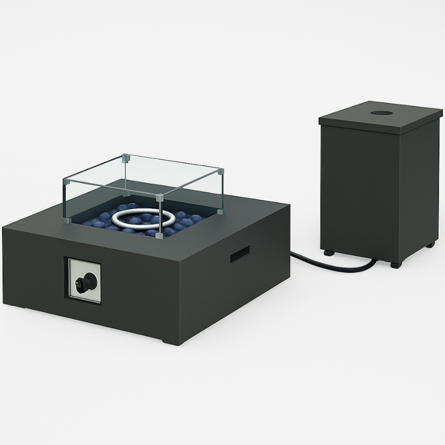 Garvee 2-Piece 36" Outdoor Propane Firepit Set - 50000 BTU Gas Fire Pit Table with 16" Tank Side Table, Removable Lid, Wind Guard, Blue Glass Rocks, Rain Cover