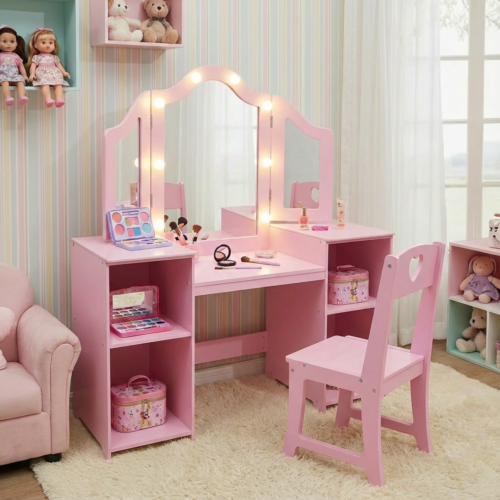 Garvee Kids Vanity Table, Girls Vanity with Touch Light Detachable Tri-Folding Mirror, Open Storage Shelves, Wood Makeup Playset with Chair, Princess Vanity Table for Toddlers - Pink