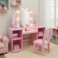 Garvee Kids Vanity Table, Girls Vanity with Touch Light Detachable Tri-Folding Mirror, Open Storage Shelves, Wood Makeup Playset with Chair, Princess Vanity Table for Toddlers - Pink