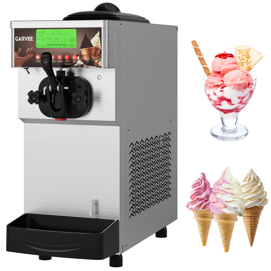 Garvee 1500W Single-Flavor Commercial Soft Serve Ice Cream Machine, 5.3-7.4 Gal/H Soft Serve Machine with LED display, Self-Cleaning, High Productivity Equipment for Restaurants & Snack Shops