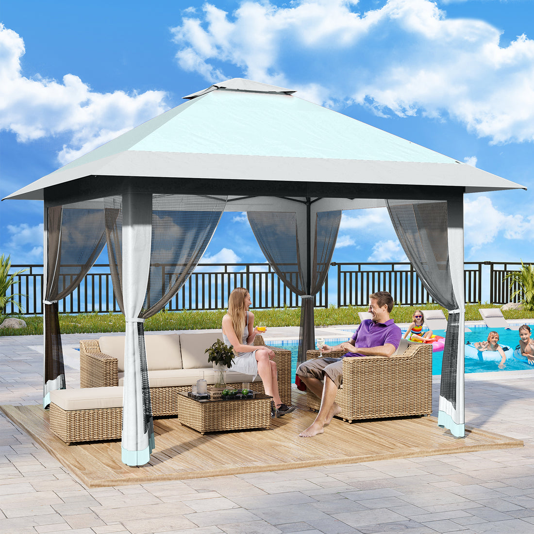 Garvee 13'x13' Quick-Setup Pop-Up Canopy Tent with Mosquito Netting Foldable Shelter for Backyards, Parties, Camping & Commercial Use, (Navy Blue+ Linen Grey)