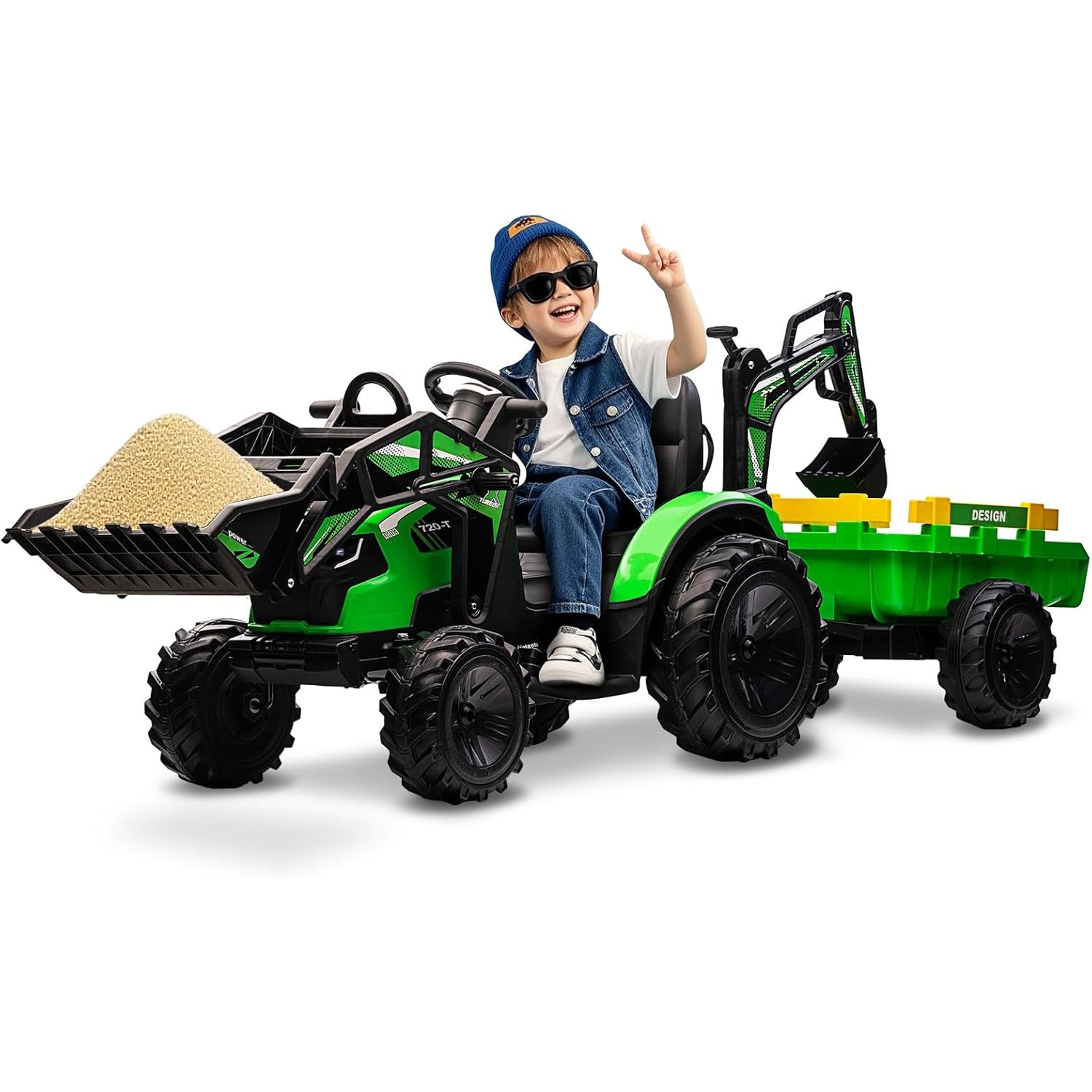 Garvee Ride P Series 3-in-1 Ride-On Tractor, 24V Electric, Excavator & Bulldozer, Remote Control, LED, Music, USB/Bluetooth max 66 lbs - Bright-green