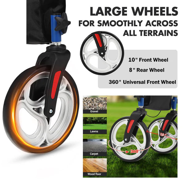 Garvee Rollator Walker for Seniors with Seat & Storage Bag, Shock Absorber, 10" & 8" All-Terrain Rubber Wheels, Lightweight Aluminum Foldable Walker with Backrest, Adjustable Height 34-40", Blue