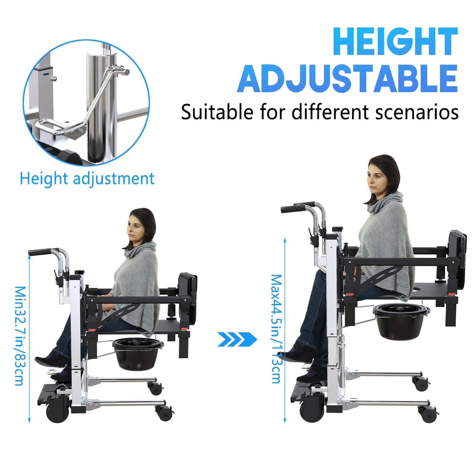 Garvee Hydraulic Patient Lift Transfer Chair, Portable Adjustable Height Wheelchair for Elderly, 180° Split Seat Hoyer Lift, Double Handle, 32.7"-44.5" Height, 330 lbs Capacity, Bathroom & Bedside Care