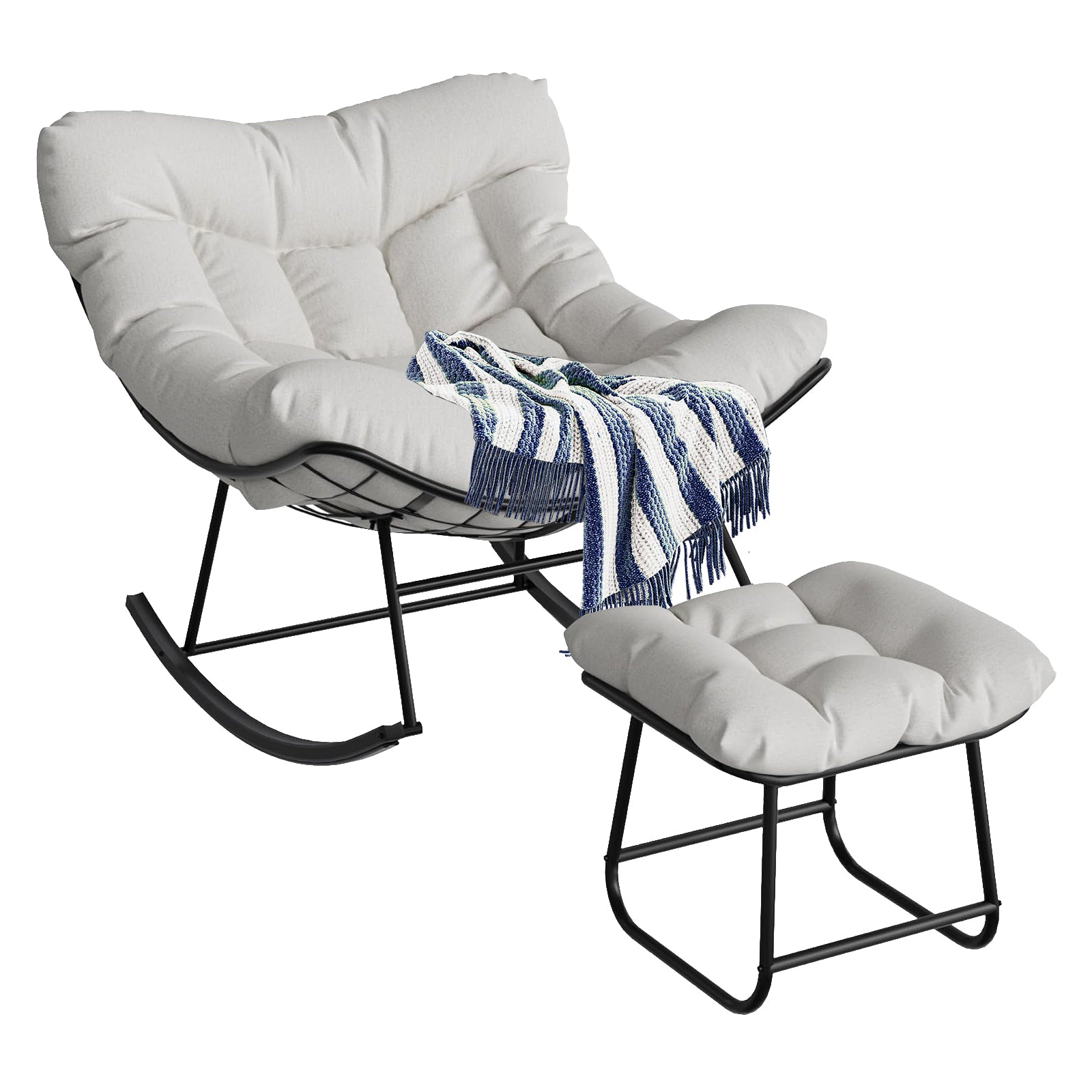 Garvee Papasan Rocking Chair with Footrest, Metal Patio Lounge Rocking Chair with Ottoman & Thick Cushion, Patio Comfy Modern Egg Rocker for Balcony Backyard Porch Bedroom, White