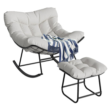 Garvee Papasan Rocking Chair with Footrest, Metal Patio Lounge Rocking Chair with Ottoman & Thick Cushion, Patio Comfy Modern Egg Rocker for Balcony Backyard Porch Bedroom, White