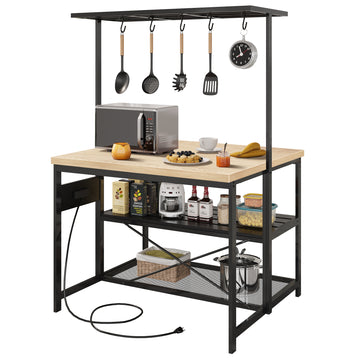 Garvee Kitchen Island with Storage, Bakers Rack with Power Outlet, Island Table for Kitchen,3 Tier Microwave Stand Oven Shelf,Large Coffee Bar Table, Storage Shelf for Kitchen Dining Room Living Room,5 Hooks