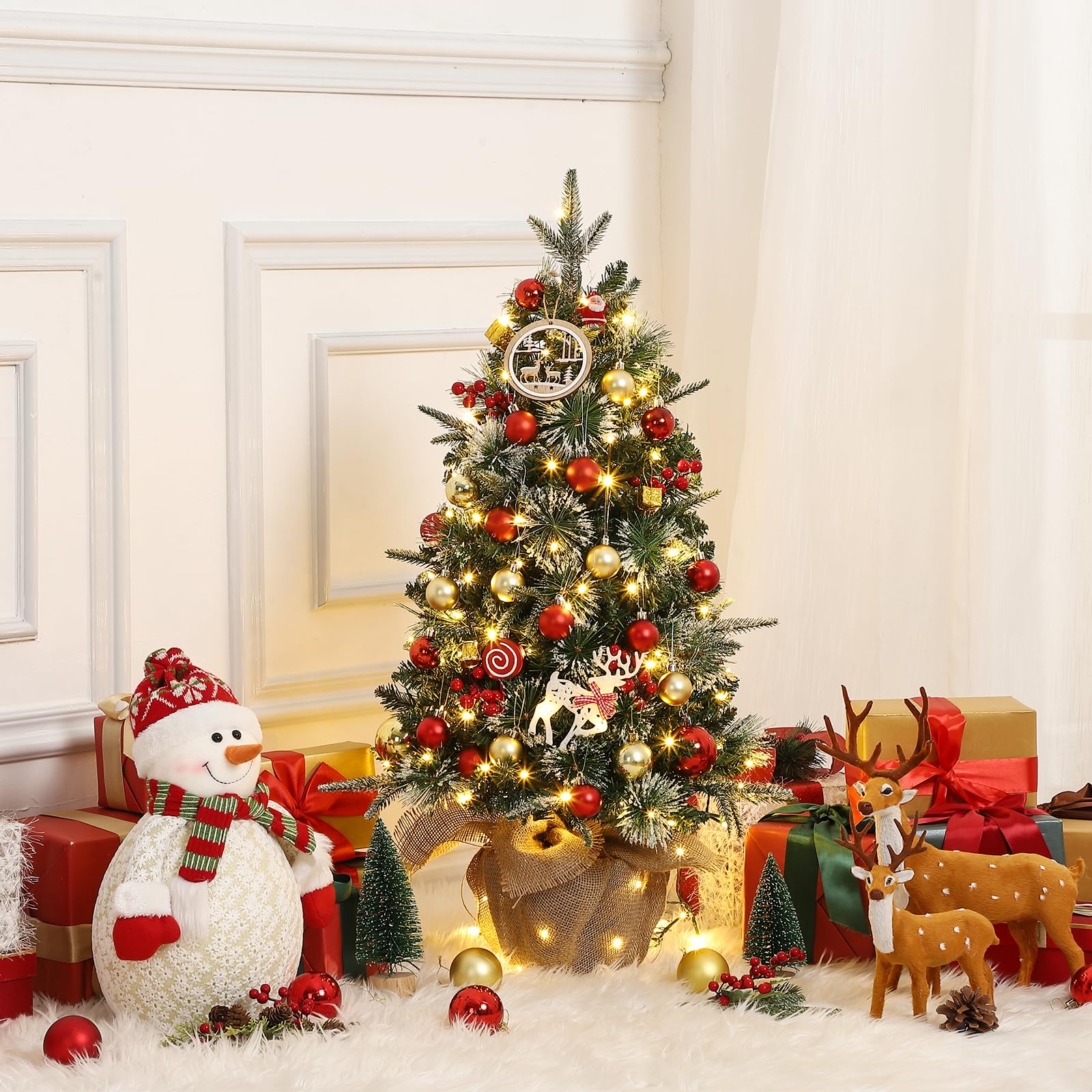 Garvee 3ft Mini Pre Lit Christmas Tree with Burlap Base, Artificial Small Tabletop Xmas Tree with 78 LED Lights, 8 Lighting Modes, Remote Control Christmas Tree for Home, Porch, Office