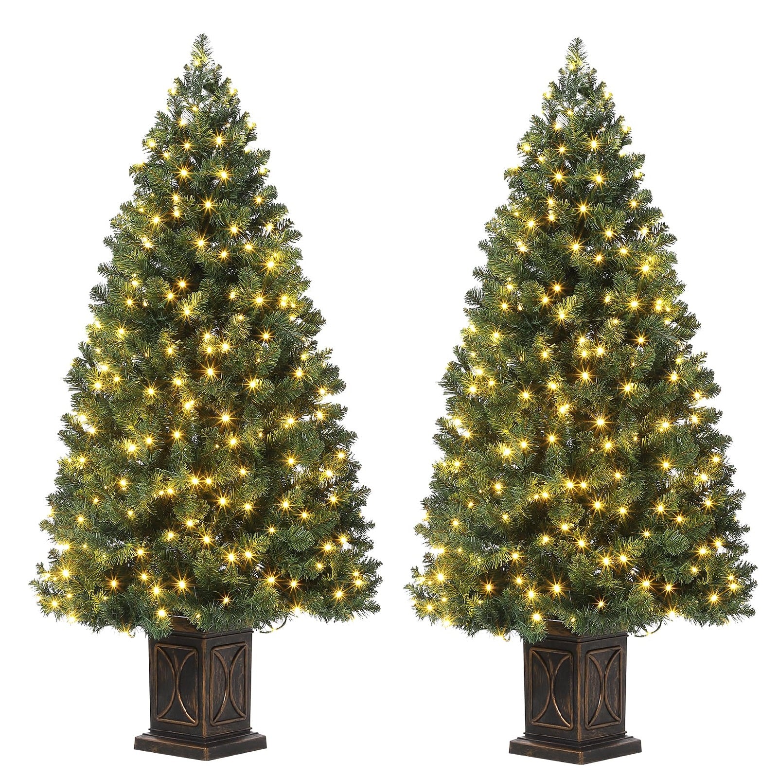 Garvee 4.5ft Christmas Tree, Pre-Lit Artificial Fiber Optic Christmas Tree with 300 LEDs & 8 Lighting Modes, Prelit Potted Xmas Pine Tree Christmas Decoration for Yard, Home, Entrances - 2PCS