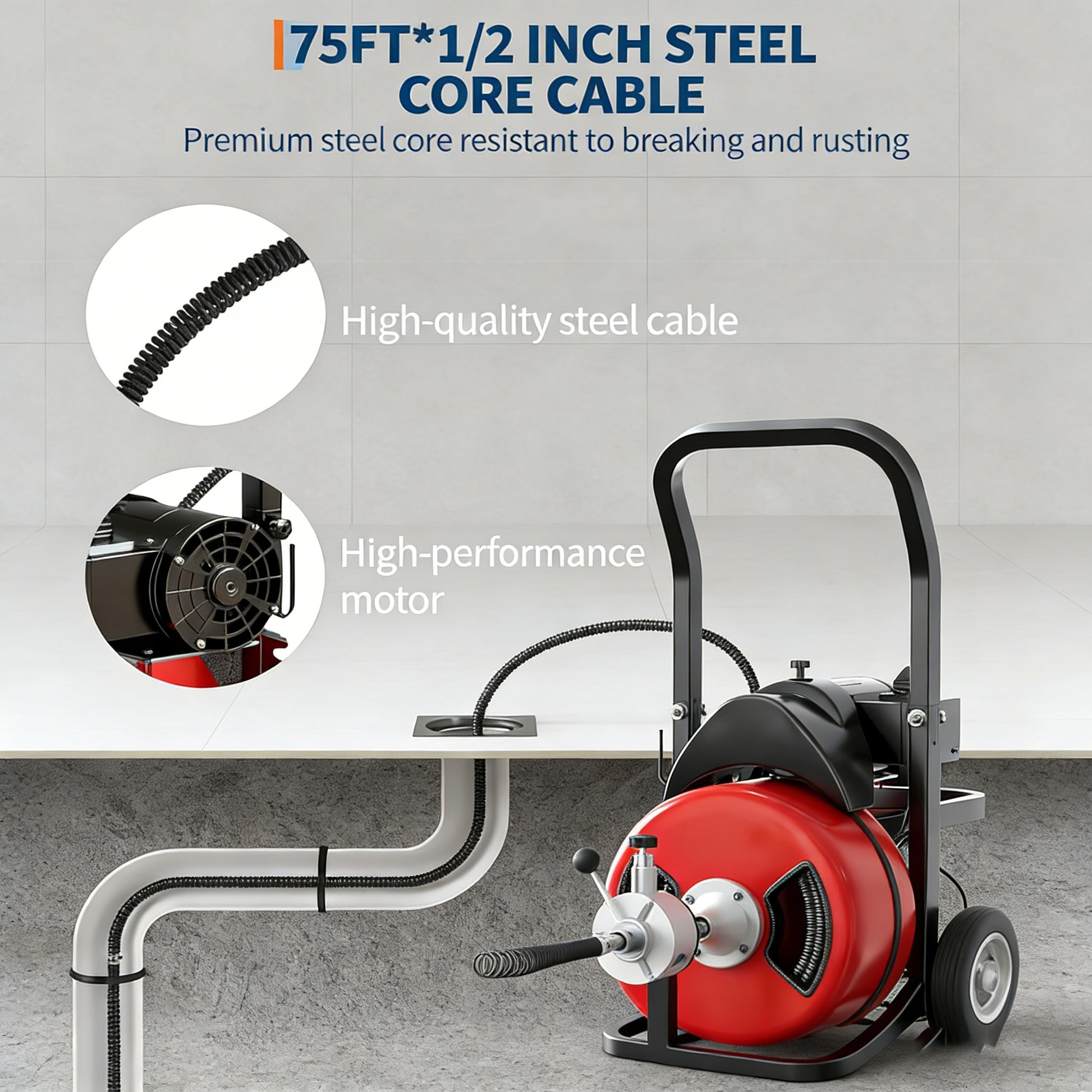 Garvee Drain Cleaner Machine 75FT ×  1/2 inch Steel Core Cable Portable 370W Electric With Sewer Auger Cutter Air-Activated Foot Switch Wheels for Commercial Home