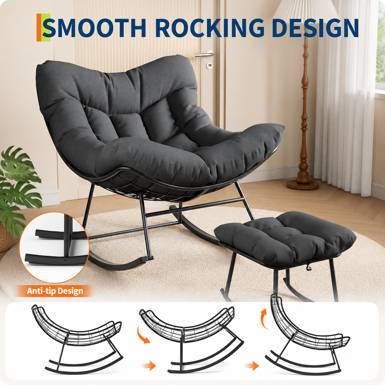 Garvee Papasan Rocking Chair with Footrest, 400 lbs Indoor Outdoor Lounge Rocker with Thick Cushion & Ottoman for Patio, Balcony, Porch & Bedroom, Dark Gray