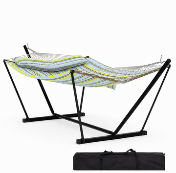 Garvee Freestanding Double Hammock with Steel Stand, 450 lbs Capacity, Soft Pillow & Carry Bag for Backyard Camping, Coastal Stripe