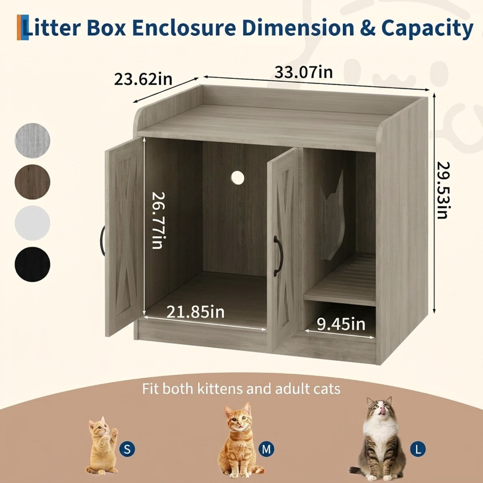 Garvee Cat Litter Box Enclosure, Hidden Litter Box Furniture with Divider, Indoor Cat House, Wooden Cat Washroom Storage Cabinet Bench, Side End Table Nightstand, 33.07"L × 23.62"W × 23.92"H, Gray