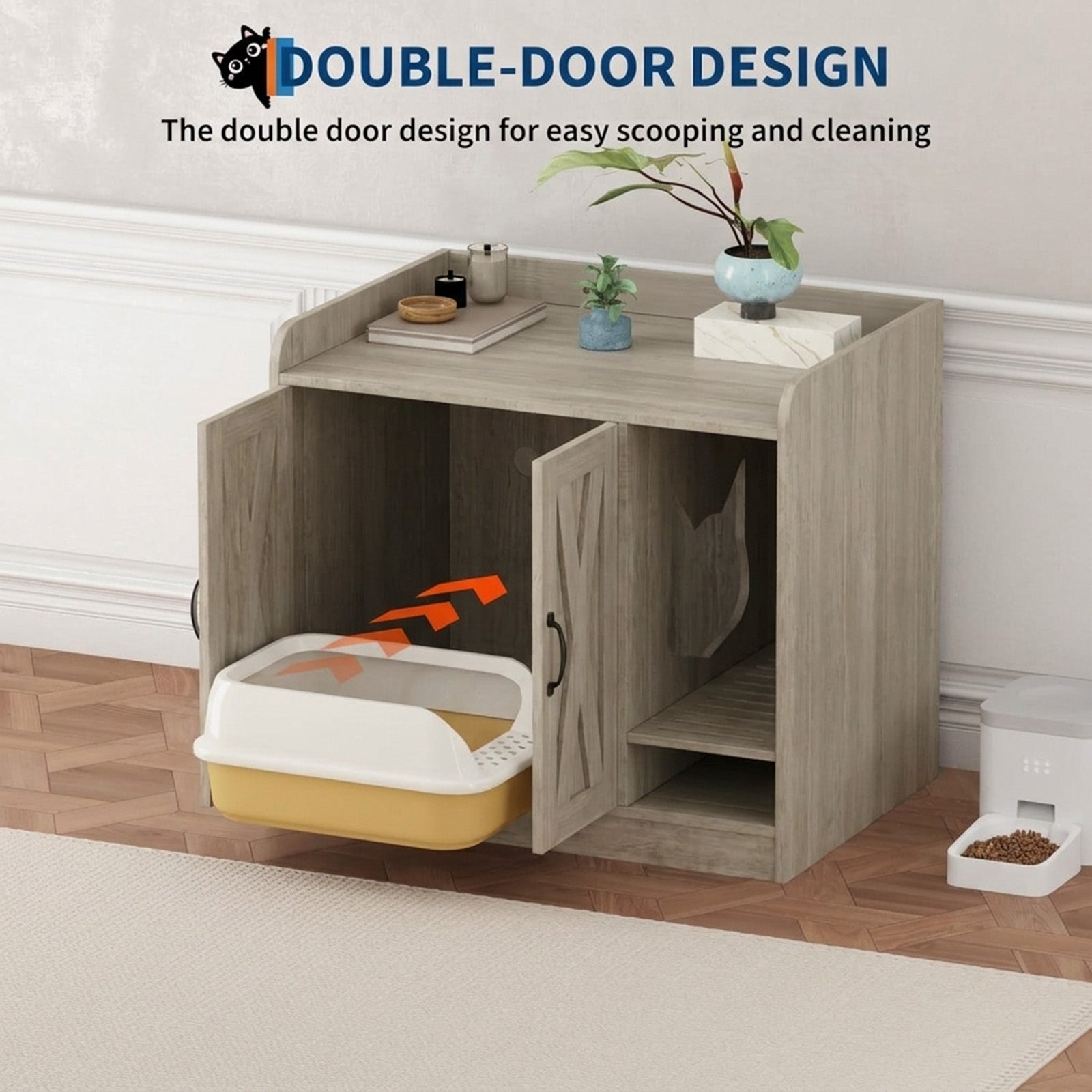 Garvee Cat Litter Box Enclosure, Hidden Litter Box Furniture with Divider, Indoor Cat House, Wooden Cat Washroom Storage Cabinet Bench, Side End Table Nightstand, 33.07"L × 23.62"W × 23.92"H, Gray