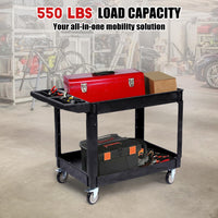 Utility Service Cart - Heavy Duty Plastic Toll Cart with Swivel Wheels and Brakes, 550LBS Capacity Detailing Cart with Large Shelf & Ergonomic Storage Handle for Warehouse Garage Cleaning