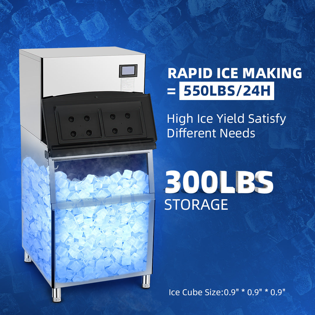 550LBS/24H Commercial Ice Maker, 300LBS Storage Bin Self-Cleaning, LCD