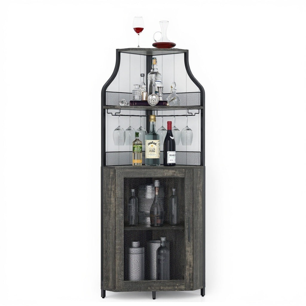 Garvee Corner Wine Bar Rack Cabinet with Detachable Wine Rack, Bar Cabinet with Glass Holder and Mesh Door, Liquor Coffe Bar Cabinet with Adjustable Shelves, Dark Wood