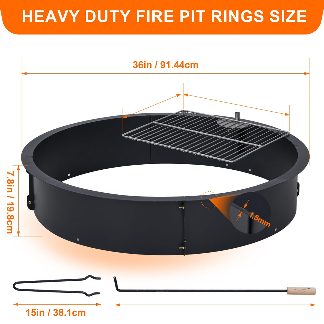 Garvee 36" Inner Fire Pit Ring, Outdoor Steel, 1.5MM Thick, Rust-Resistant, DIY Friendly, Above/In-Ground, Wood Burning, Camping, Patio