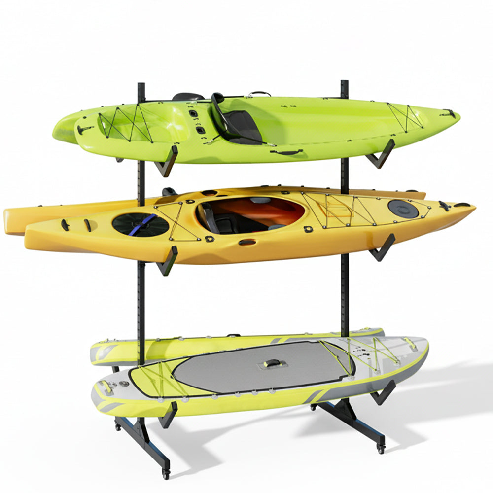 Garvee Adjustable Width 6-Kayak Storage Rack (51-67") with Wheels - Heavy Duty 3-Tier Double-Sided Stand for Wide Kayaks, SUPs, Canoes & Surfboards (Up to 120 lbs)