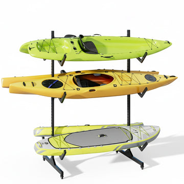 Garvee Adjustable Width 6-Kayak Storage Rack (51-67") with Wheels - Heavy Duty 3-Tier Double-Sided Stand for Wide Kayaks, SUPs, Canoes & Surfboards (Up to 120 lbs)