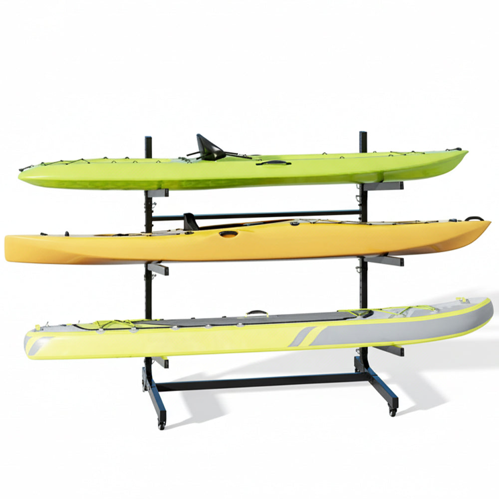 Garvee Heavy Duty 3-Tier Freestanding Kayak Rack with Lockable Wheels - Holds Kayaks, Canoes, SUPs & Surfboards (Up to 120 lbs, Anti-Rust Steel)