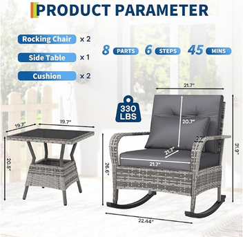 Garvee 3-Piece Rattan Patio Rocking Chair Set with Cushions, 2-Tier Glass Table for Porch, Balcony, Garden