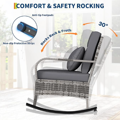 Garvee Outdoor Wicker Rocking Chair, Gray PE Rattan Patio Rocker with Cushions & Steel Frame for Porch, Garden & Balcony