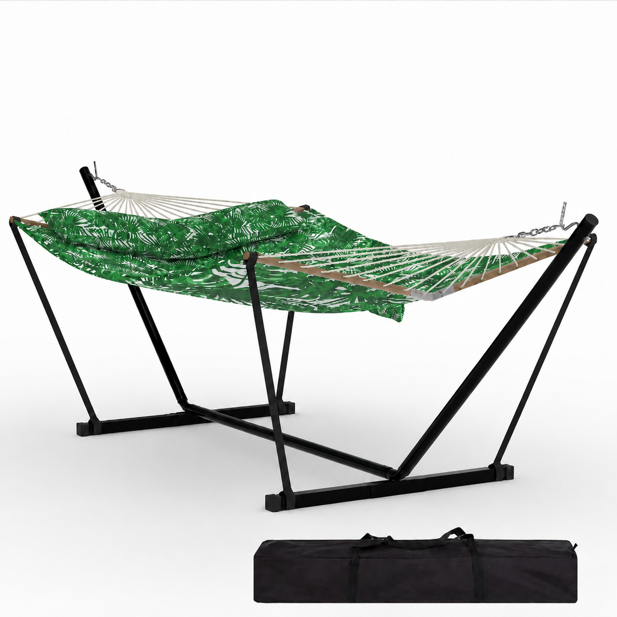 Garvee Freestanding Double Hammock with Steel Stand, 450 lbs Capacity, Soft Pillow & Carry Bag for Backyard Camping, Tropical Green