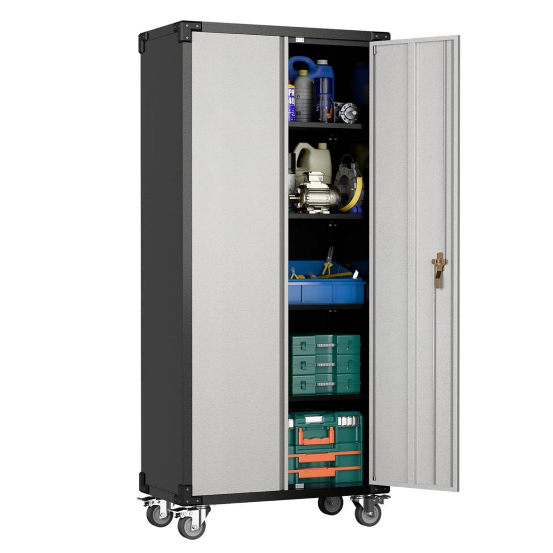 Garvee Metal Storage Cabinet 72"H with Lock and Adjustable Shelves, Steel with Lockable Wheels, Durable Powder Coating, Home Garage Office Storage