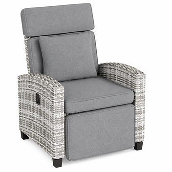 Garvee Outdoor Rattan Recliner Chair with Gray Cushion, 145° Adjustable Patio Lounge Chair with Footrest, Flip-Up Side Table & Gray White PE Wicker for Porch, Balcony, Poolside