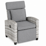 Garvee Outdoor Rattan Recliner Chair with Gray Cushion, 145° Adjustable Patio Lounge Chair with Footrest, Flip-Up Side Table & Gray White PE Wicker for Porch, Balcony, Poolside - Gray & white rattan +Gray cushion