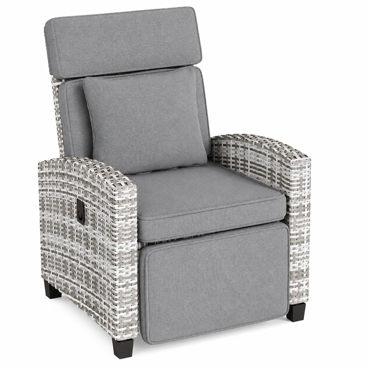 Garvee Outdoor Rattan Recliner Chair with Gray Cushion, 145° Adjustable Patio Lounge Chair with Footrest, Flip-Up Side Table & Gray White PE Wicker for Porch, Balcony, Poolside
