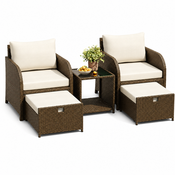 Garvee 5-Piece Outdoor Rattan Sofa Set – All-Weather Wicker Patio Furniture with Tempered Glass Coffee Table, Padded Beige Cushions, Ottomans – Ideal for Patio, Garden, Balcony – Gradient Brown Rattan + Beige Fabric