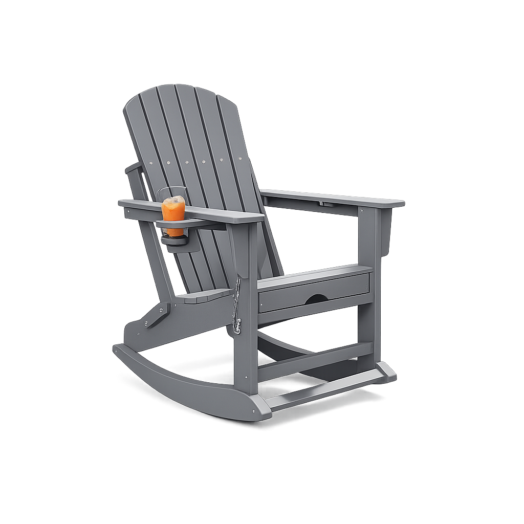 Garvee 4-in-1 HDPE Rocking Adirondack Chair, Folding Outdoor Rocker with Retractable Ottoman, Cup Holder & Footrest, Gray