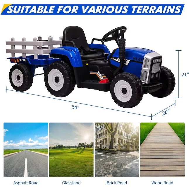 Garvee Ride - P Series: 12V Electric Tractor & Trailer for Kids, 3-6 Yrs - With RC - Blue / 25W